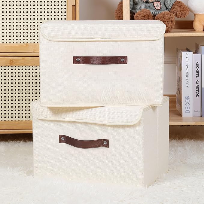ANMINY 2PCS Storage Bins with Lid PU Leather Handles Storage Boxes PP Plastic Board Decorative Foldable Lidded Cotton Linen Fabric Home Cubes Baskets Closet Organizer Containers - Beige, Large Size-NeatNest