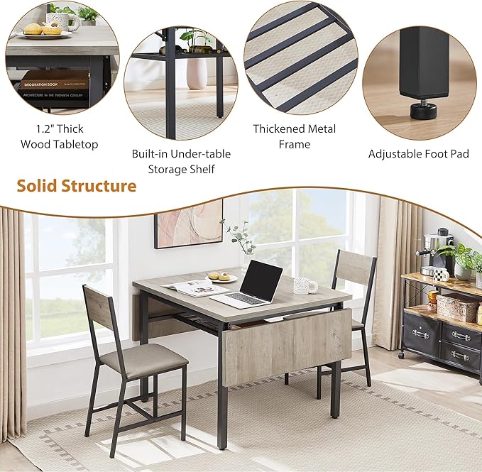 63.2" Folding Dining Table for 4-6 People, Drop Leaf Table with Storage Rack Extendable Kitchen Dinner Table for Small Spaces (Grey)-NeatNest