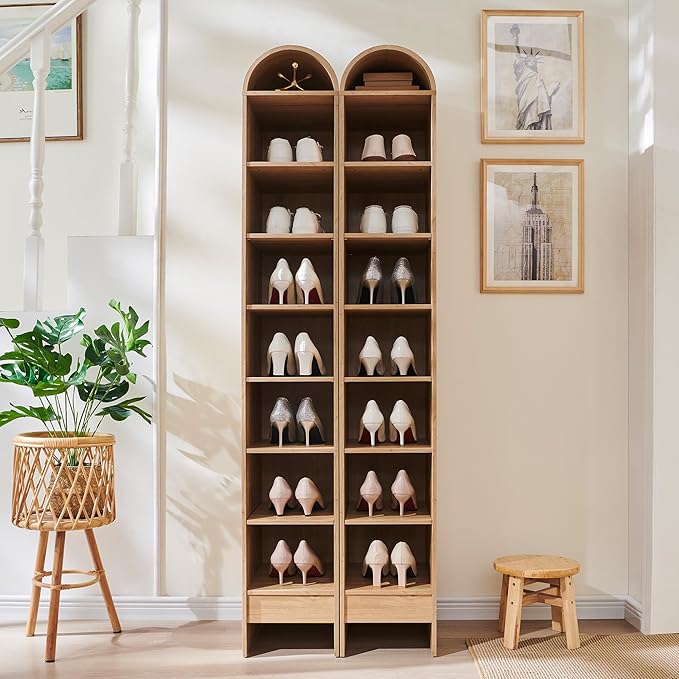 67" Tall Arched Shoe Storage Cabinet, 8 Tiers 8 Pairs Wooden Shoe Rack with 3 Adjustable Shelves, Freestanding Shoe Closet Shelf Organizer for Entryway, Hallway, Living Room (Natural)-NeatNest