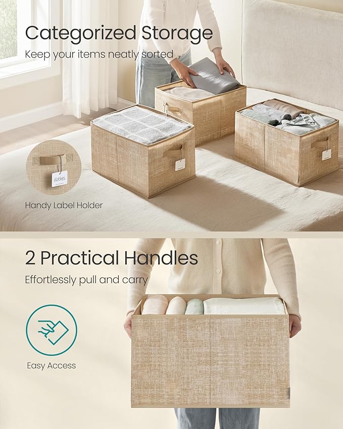 SONGMICS Storage Baskets, Set of 3 Fabric Storage Bins, 19.7 x 11.8 x 11.8 Inches, Foldable Closet Organizer for Shelves, 2 Handles, Label Holders, for Bedroom, Living Room, Sand Beige UROB450K01