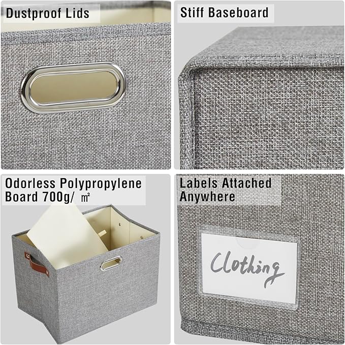 17" Large Collapsible Storage Bins with Lids, Stackable Closet Organizers with PU Handle and Labels, 3-Pack Decorative Fabric Storage Boxes for Home, Bedroom, Closet, Office, Nursery(Gray)-NeatNest