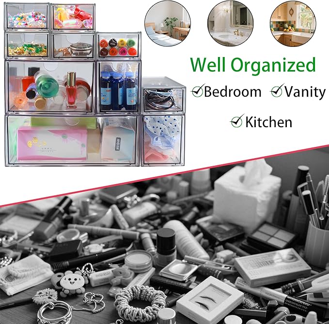 10 Pack Acrylic Makeup Organizer Clear Stackable Desk Organizers Dustproof Drawer for Make Up,Jewelry,Pen, Stationary-NeatNest