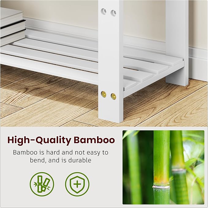 Bamboo Shoe Bench, 3-Tier Shoe Rack, Entryway Bench with Cushion and Adjustable Shelves, Shoe Rack for Entryway, Hallway, Mudroom and Living Room, White