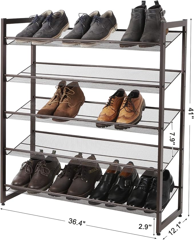 SONGMICS Shoe Rack, 5-Tier Shoe Organizer, Metal Shoe Storage for Garage, Stackable Shoe Shelf, with Adjustable Flat or Angled Shelves, 20-25 Pairs, Bronze ULMR05A-NeatNest