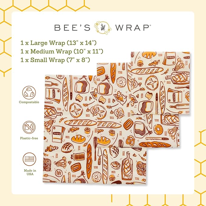 Bee's Wrap Beeswax Wraps for Food - Bakery Lane 3 Pack (S, M, L) Made in USA Reusable & Organic Food Wraps, Sandwich Wrap & Bowl Covers - Eco-Friendly Alternative to Aluminum Foil & Plastic Wrap-NeatNest