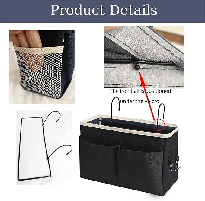 Bedside Caddy Bedside Hanging Storage Basket Multi-Function Organizer Caddy for Bunk and Hospital Beds Dorm Rooms Bed Rails, Can be Placed Glasses Books Mobile Phones(Black)-NeatNest
