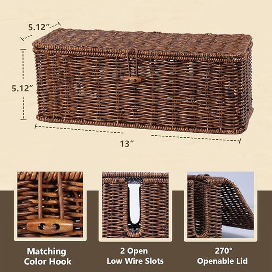 BROWNLILY Cable Management Box, Rattan Style Cord Organizer for Desk Cord Hider Outlet Covers Baby Proofing for Power Strip TV PC Router Charger Under Desk Storage with Lockable Lid and Cable Ties-NeatNest