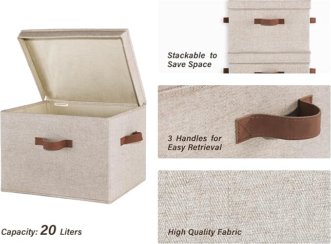 StorageWorks Fabric Storage Bins with Lid, Decorative Storage Boxes for Shelves, Stackable Closet Organizer Basket with Handles, Large, Brown and Beige, 2-Pack-NeatNest