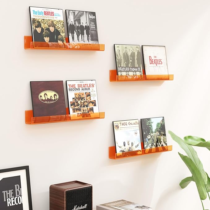 4 Pack Acrylic Shelves for Wall Storage,15" Floating Bookshelves for Kids, Display Shelf for Bathroom, Bedroom,Decor, Orange