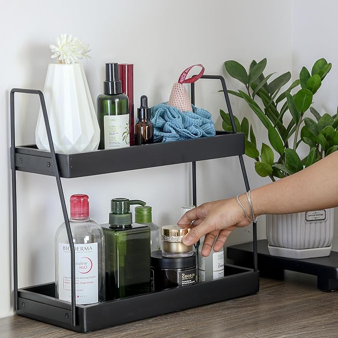 Acacia Bathroom Organizer Countertop 13.6 x 14 x 6.7 inches, 2-Tier Wood Counter Standing Rack, Countertop Storage Shelf for Organizing Bathroom Kitchen Office Desk Vanity Cosmetic Balcony (Black)