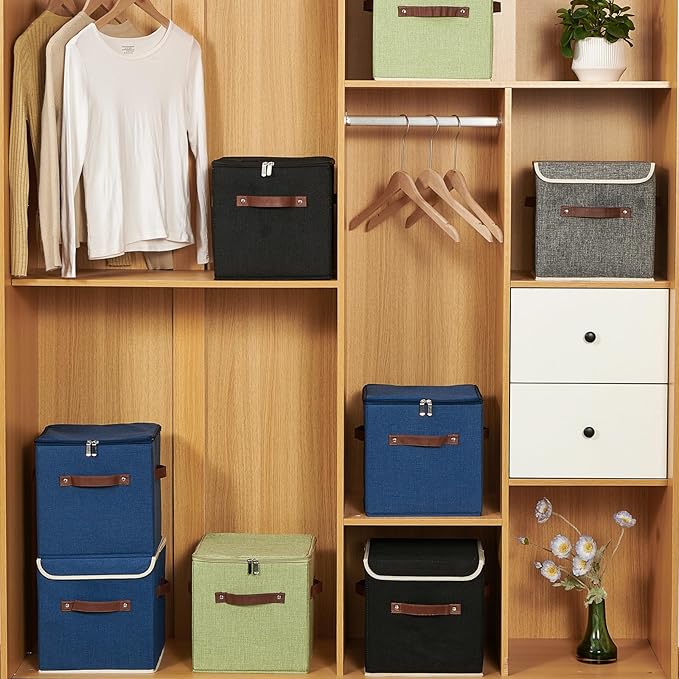 2PCS Storage Cubes with Lid Fabric Bins Boxes PU Leather Handles Cotton Linen Closet Organizer Container Decorative Foldable Washable Shelf Cloth Basket (Flip-top Lid, Deep Blue, 11in)-NeatNest