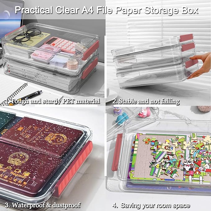Lemical Clear File Box with Lids Portable Project Case for Storage A4 File Folder Box Stackable Storage Containers for Organizing 8.5 X 11 Paper, Magazines, Stamps, Photos, Cards (Red)