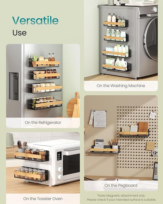 SONGMICS Magnetic Spice Rack for Refrigerator, 4 Pack, 2 Large and 2 Small Kitchen Magnetic Shelves for Washing Machine, Spice Organizers, No Drilling Needed, Ink Black and Light Bamboo UKCS062BH01