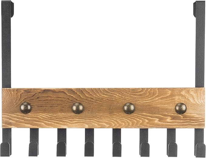 MyGift Heavy Duty Burnt Wood Over The Door Hook Rack Bathroom Towel Rack Sturdy Door Hanger with 8 Black Metal Hooks