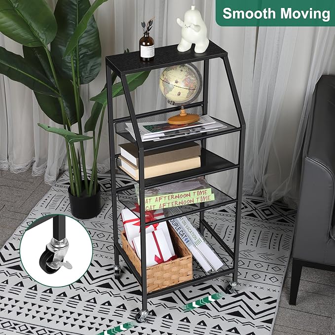 Bathroom Freestanding Towel Rack Table 5 Tier Metal Rolling Utility Cart with Storage for Bath Living Room Bedroom, Black