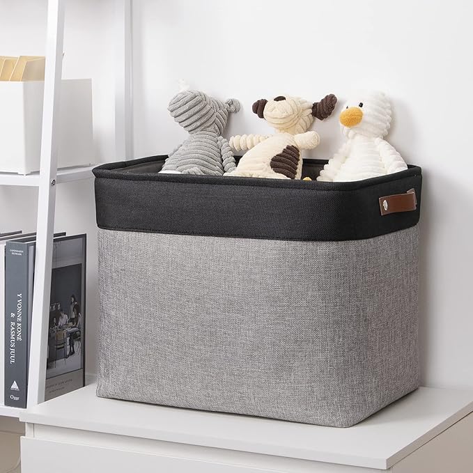 DULLEMELO Large Collapsible Storage Basket/Bin with Sturdy Leather Handles, Fabric Organizer Bin for Storage Clothes, Toys, Books, Office, Bedroom, Closet, Nursery & Laundry (Black&Gray)-NeatNest