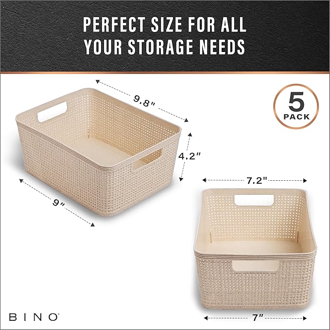 BINO | Woven Plastic Basket | Small (Natural), 5-Pack | THE JUTE COLLECTION | Home Organization, Space - Saving Storage, Stylish Design | Jute Basket | Plastic Storage Basket-NeatNest