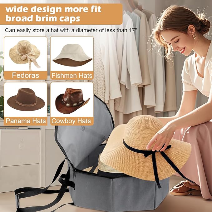 Hat Box for Travel and Storage, Collapsible Cowboy Cap Organizer Case for Closet with Handles, Hat Box for Women Storage and Large Cap Bag for Men Carry, Grey-NeatNest
