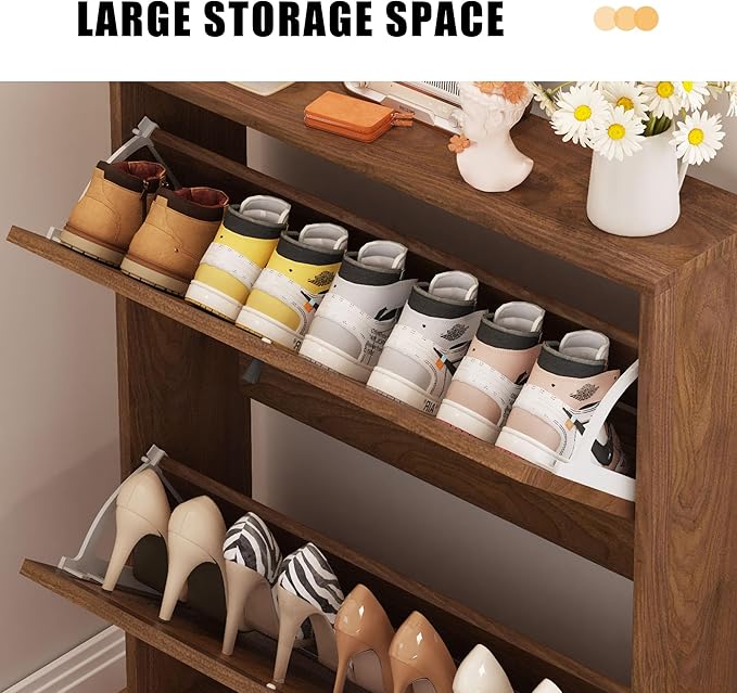 AVZEAR Freestanding Shoe Organizer with 2 Flip Drawer Doors, Entryway & Closet Shoe Storage, Linen Doors, Walnut-NeatNest