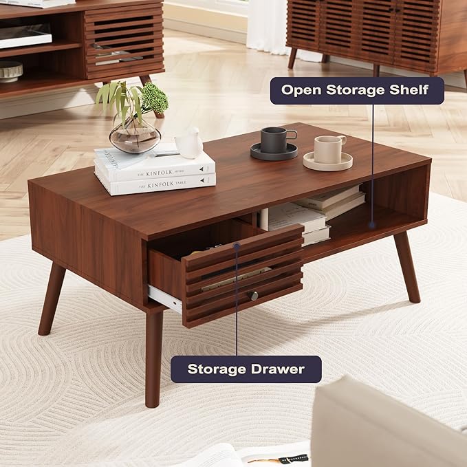 Coffee Table, Mid Century Modern Table with Storage, Living Room Center Table with Slatted Panel Drawer, Fluted Wood Coffee Table with Open Shelf for Living Room, Walnut-NeatNest