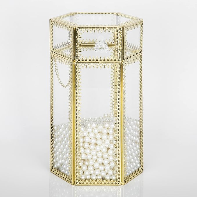 Glass Makeup Brush Holder with Lid Organizer Vintage Cosmetic Hexagonal Display Cases Brush Storage with Free White Pearls - Gold-NeatNest