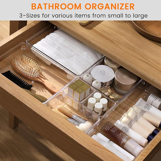 Criusia 8 Pack Drawer Organizer for Kitchen Gadgets, Large Clear Plastic Drawer Divider for Kitchen Accessories, Bathroom Organizers and Storage, Home Essentials for Makeup and Vanity Accessories-NeatNest