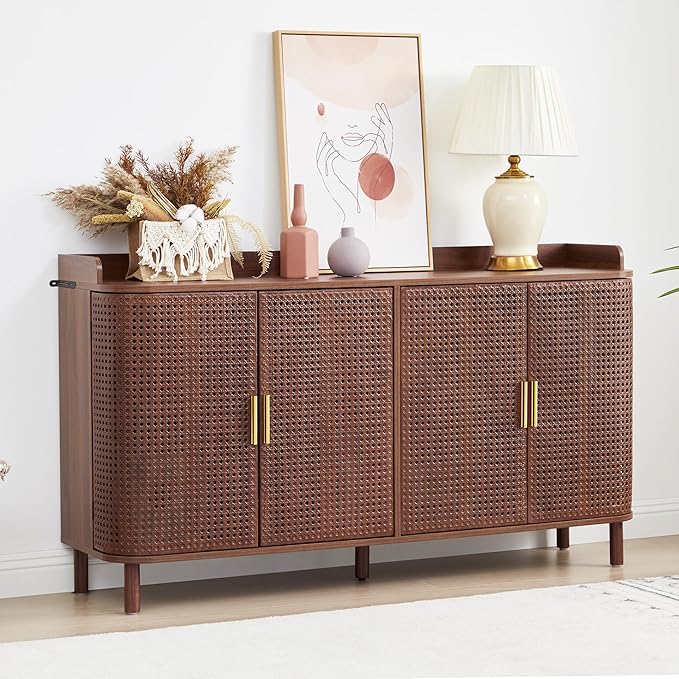 4 Doors Storage Cabinet, 2 Tier Wooden Storage Organizer Cabinet with Adjustable Shelf, Sideboard Buffet Cabinets with Iron Curved Doors Accent Shoe Rack for Entryway Hallway Living Room (Walnut)-NeatNest