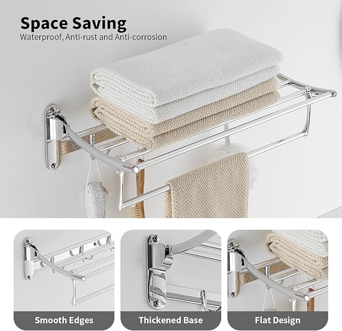 BESy 24 Inch Polished Chrome Towel Racks, Bathroom Towel Shelf with Foldable Towel Bar Holder and Towel Hooks, Wall Mounted Multifunctional Bathroom Accessories, Double Towel Bars-NeatNest