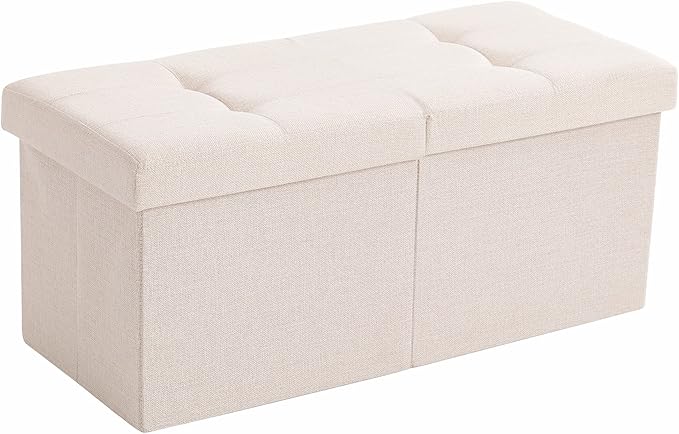 Cuyoca Foldable Seat Footrest Shoe Bench End of Bed Storage with Flipping Lid, 75L Storage Space, 30 inches Linen Fabric Beige-NeatNest
