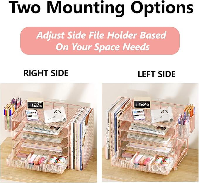 Desk Organizers and Accessories, 5-Tier Paper File Organizer with Drawer & Pen Holder, Office Desk Accessories Workspace Desktop Organizer for Office Supplies (Rose Gold)-NeatNest