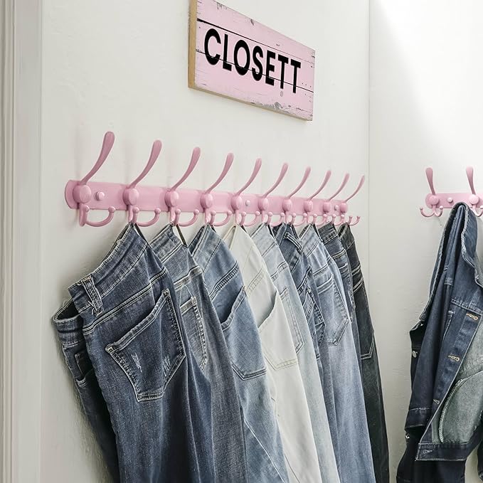 Dseap Coat Rack Wall Mount - 38” Long 10-Tri-Hooks Heavy Duty Coat Hanger Rail Wall Hooks for Hanging Coats Hats Clothing Clothes Purse Mudroom Entryway, Pink-NeatNest