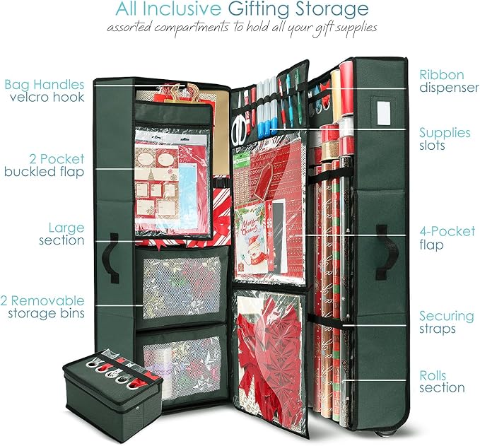 Hearth & Harbor Holiday Storage with Extra 2 PC of Christmas Storage Bins and Ribbon Storage Organizer - Fade Resistant Wrapping Paper Storage Containers with Wheels Fits Up to 30 Rolls of 40" Length-NeatNest