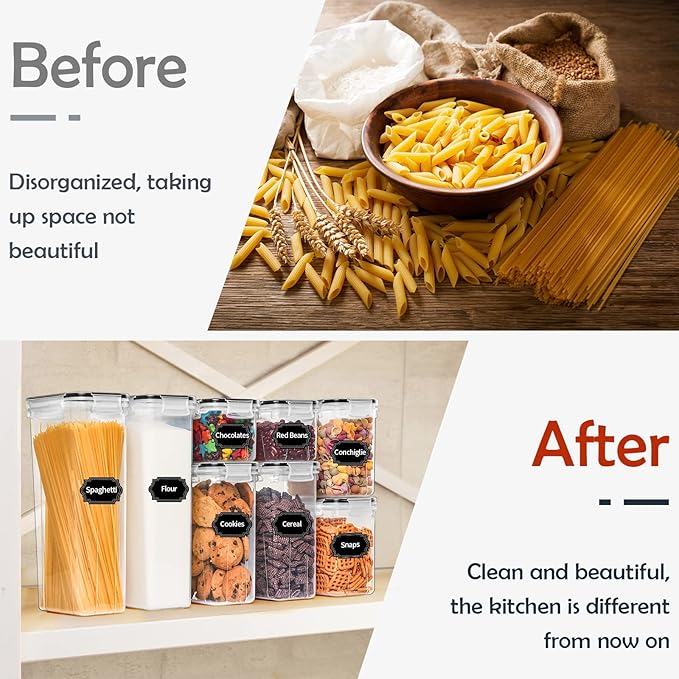 Skroam 14 Pack Airtight Food Storage Containers for Kitchen Pantry Organization and Storage, Plastic Canister Set with Lids, Cereal, Flour & Sugar Containers- Spoon Set, Labels & Marker