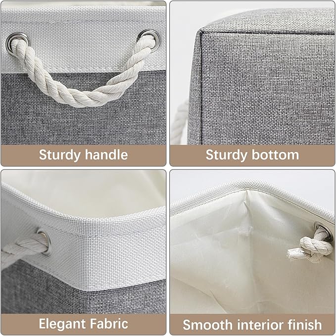 Fabric Storage Bins, 3 Pack Foldable Cube Baskets with Rope Handles, Large Collapsible Storage Cubes for Home, Office, Closet, Clothes, Books Organizer. (White and Gray, 3PCS/16*12.6*8.2inch)