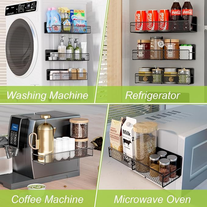4 Pack Magnetic Shelves for Washing Machine, Heavy-Duty Magnetic Laundry Organizer with Hooks, Washing Machine Shelf for Refrigerator, Metal Storage Baskets, Closet & Laundry Room Organization(Black)