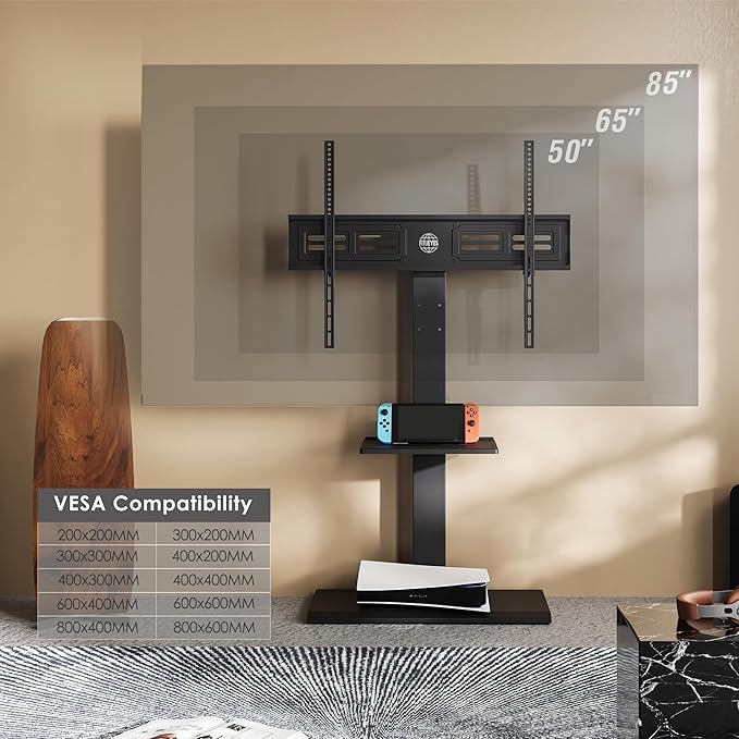 FITUEYES Floor TV Stand Iron Base with Swivel Mount for 50-85 Inch Large LCD/LED TVs Adjustable Shelf Tall Corner TV Stands for Bedroom and Living Room Hold Up to 110 lbs Black