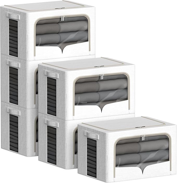 6 Pack Clothes Storage Bins with Metal Frame Clothing Storage Bins with Lid Linen Fabric Storage Box With Clear Window& Zippers& Durable Handles (Medium-30L, Count, 6)-NeatNest