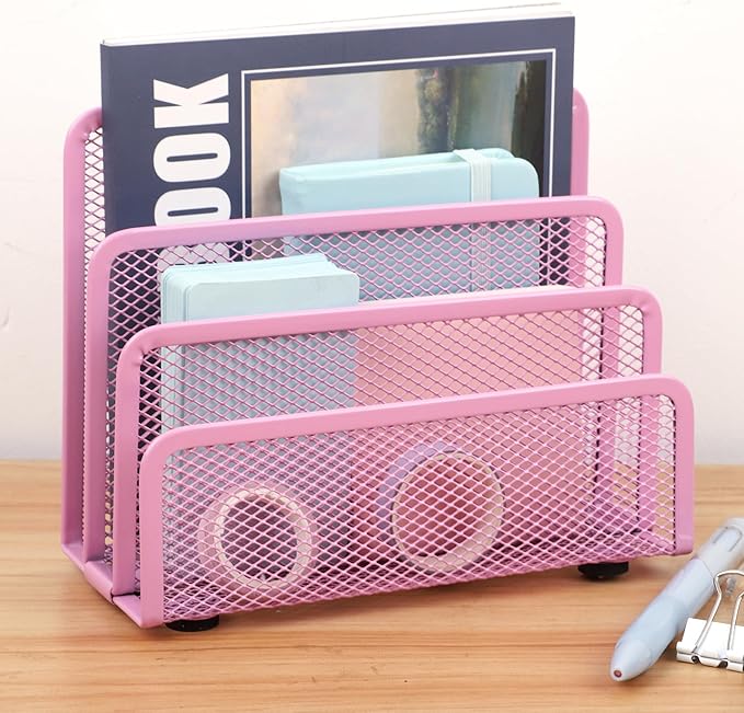 EASEPRES Desk Mail Organizer, Office Small Desktop Metal Mesh Envelope Letter Sorter Paper File Holder Organizer with 3 Vertical Upright Compartments, Pink 1 Pack