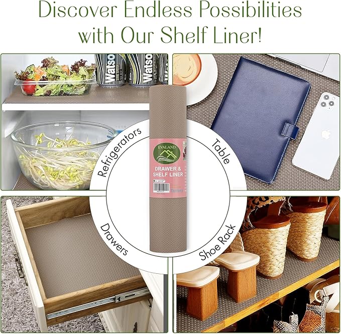 EVALAND 12" x 33 FT Non-Slip Shelf Liner, Non-Adhesive, BPA-Free, Waterproof Pantry Liner for Shelves, Easy to Cut, Oil-Proof Shelf Liners for Kitchen, Cabinets, Drawers, Refrigerator, Beige