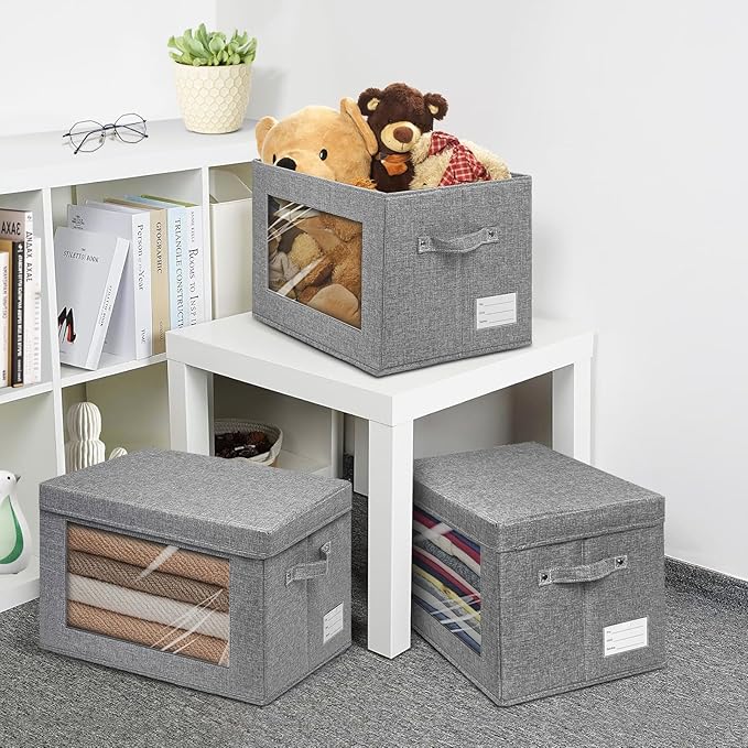 4-Pack Fabric Storage Bins with Lids, Foldable Storage Boxes with Handles & Clear Window, Closet Organizers for Clothes, Books (Grey, 4PCS/11.4 x 8.6 x 6.7 in)-NeatNest