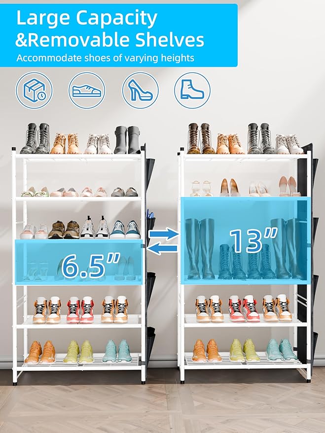 6-Tier Shoe Rack, 27" Wide Shoe Organizer for Closet, 24 Pairs Large Metal Shoe Shelf, Entryway, Bedroom, White-NeatNest