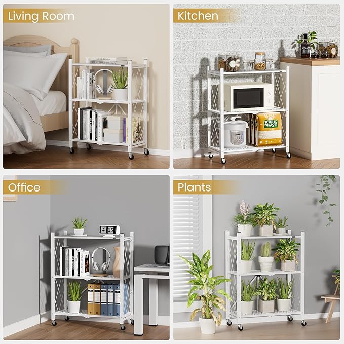ALANNG Storage Shelves with Wheels, Bookshelf with Storage, No Assembly Metal Rack Cart for Kitchen, Office, Laundry, Garage (3 Tier, White)