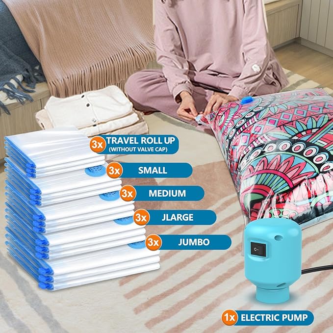 Vacuum Storage Bags for Travel with Electric Air Pump,15 Pack(3 Jumbo,3 Large,3 Medium,3 Small,3 Roll Up Bags) Double Zip Seal Space Saver Bag for Comforters,Clothes,Mattress,Blanket, Duvets-NeatNest
