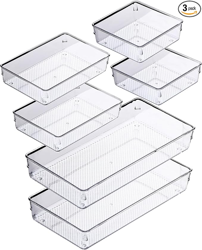 ihomecooker 3 Pack Clear Plastic Drawer Organizer Tray Cutlery Utensil Makeups Drawer Silverware Organizers 12" X 6"… (6P(6X6+6X9+6X15))-NeatNest