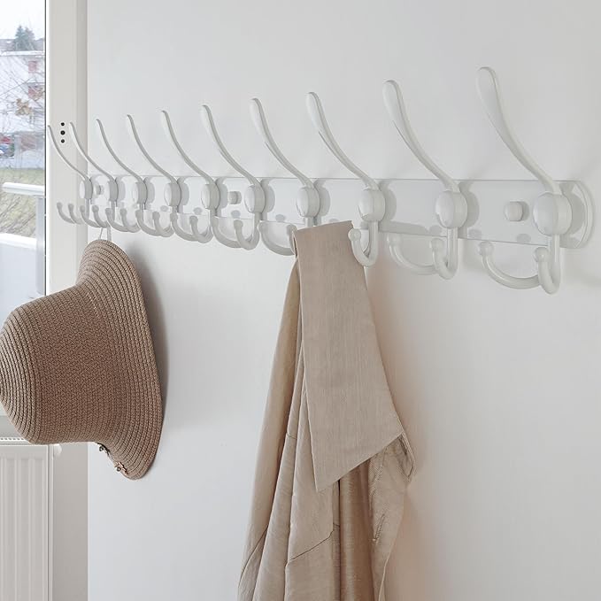 Dseap Coat Rack Wall Mount - 38” Long 10-Tri-Hooks Heavy Duty Coat Hanger Rail Wall Hooks for Hanging Coats Hats Clothing Clothes Purse Mudroom Entryway, White, Pack of 2-NeatNest