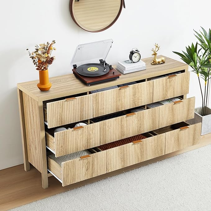 9 Drawer Dresser Cabinet, Long Nightstand with Drawers and Storage Cabinet, Boho Solid Wood Dresser TV Stand, Mid Century Modern Nightstand with 9 Drawer Dresser for Bedroom Closet (Natural)
