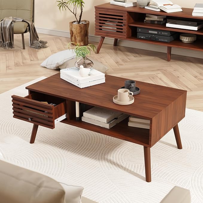 Coffee Table, Mid Century Modern Table with Storage, Living Room Center Table with Slatted Panel Drawer, Fluted Wood Coffee Table with Open Shelf for Living Room, Walnut-NeatNest
