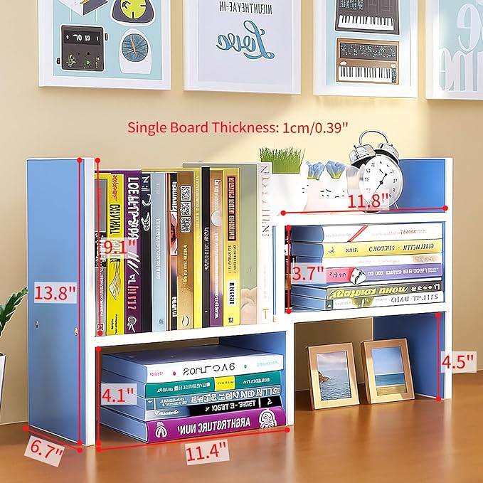 Desktop Shelf Organizer, Adjustable Wood Office Storage Rack, Counter Display Small Bookshelf for Home/Office/School(Blue)-NeatNest