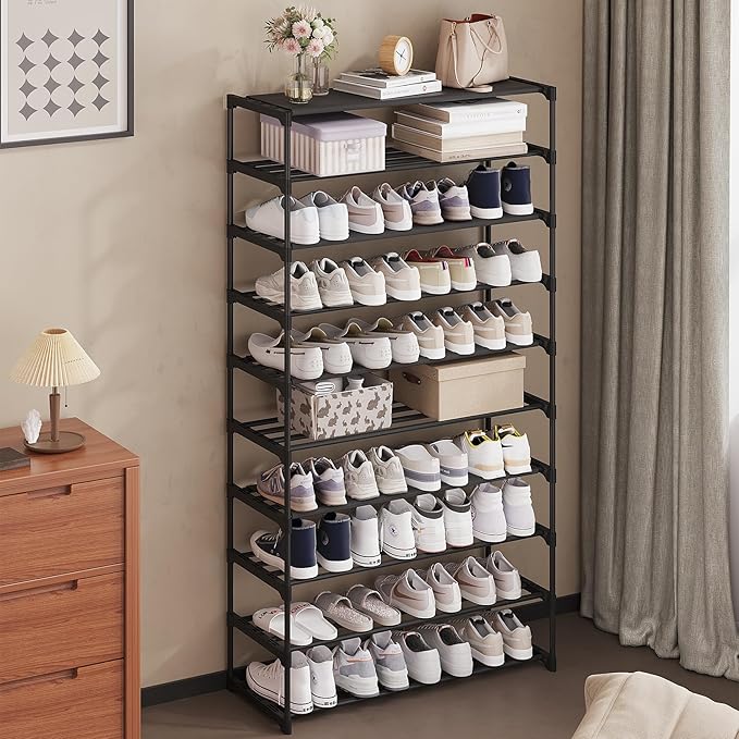 Calmootey 10-Tier Shoe Rack, Tall Large Capacity 50 Pairs Shoes Storage Organizer, Stackable Wide Shoe Shelf for Entryway, Hallway, Black-NeatNest