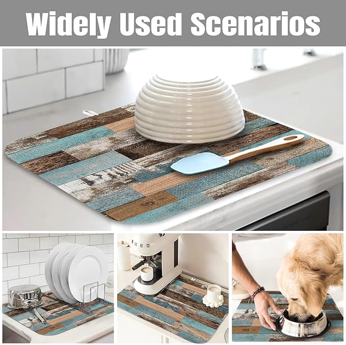 Dish Drying Mat for Kitchen Counter Large 18" x 24" Farmhouse Rustic Wood Absorbent Microfiber Dishes Drainer Rack Mats Pad Reusable Washable
